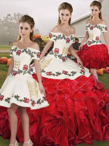 Embroidery and Ruffles 15 Quinceanera Dress White And Red Lace Up Sleeveless Floor Length