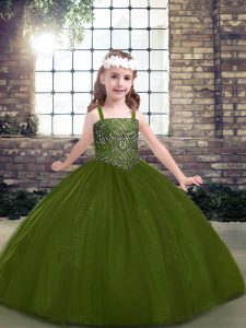 Superior Floor Length Olive Green Little Girl Pageant Gowns Straps Sleeveless Lace Up