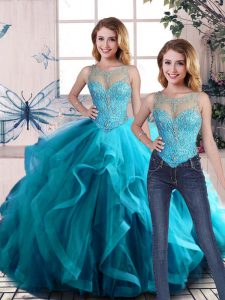 Delicate Aqua Blue Tulle Lace Up Scoop Sleeveless Floor Length Quinceanera Gowns Beading and Ruffles