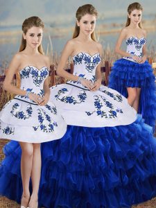 New Arrival Embroidery and Ruffled Layers and Bowknot Quince Ball Gowns Royal Blue Lace Up Sleeveless Floor Length