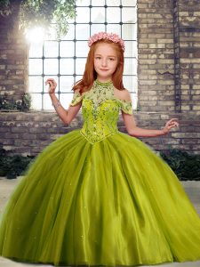 Exquisite Olive Green Tulle Lace Up High-neck Sleeveless Floor Length Little Girl Pageant Gowns Beading