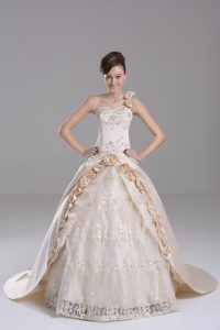 Clearance Champagne One Shoulder Lace Up Embroidery and Hand Made Flower Sweet 16 Dresses Brush Train Sleeveless