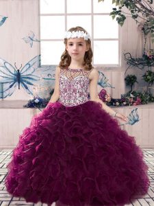 Beauteous Floor Length Ball Gowns Sleeveless Dark Purple Child Pageant Dress Lace Up