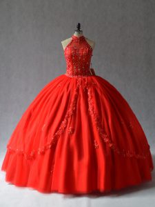 Exquisite Red Halter Top Lace Up Appliques Quince Ball Gowns Sleeveless