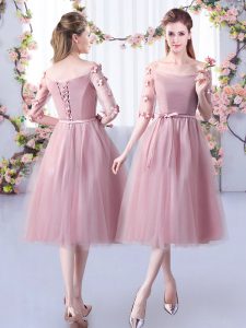 Hot Selling Pink Lace Up Off The Shoulder Appliques and Belt Vestidos de Damas Tulle Half Sleeves