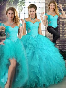 Aqua Blue Three Pieces Beading and Ruffles Quinceanera Gowns Lace Up Tulle Sleeveless Floor Length