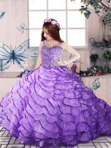 Superior Lavender Organza Lace Up Little Girls Pageant Gowns Sleeveless Brush Train Beading and Ruffled Layers