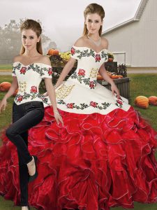 Discount Off The Shoulder Sleeveless 15th Birthday Dress Floor Length Embroidery and Ruffles White And Red Organza