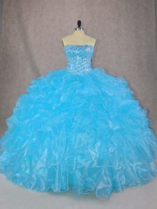 Beautiful Ball Gowns Quince Ball Gowns Blue Strapless Organza Sleeveless Floor Length Lace Up