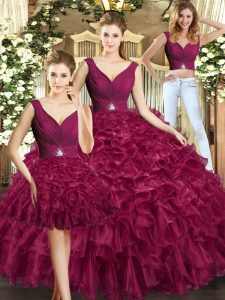 Sleeveless Floor Length Ruffles Backless Quinceanera Dresses with Burgundy