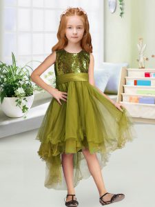 Olive Green Organza Zipper Kids Pageant Dress Sleeveless High Low Sequins and Bowknot