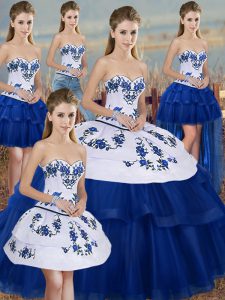 Charming Sleeveless Floor Length Embroidery and Bowknot Lace Up 15 Quinceanera Dress with Royal Blue