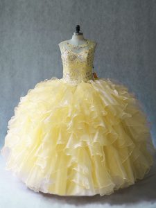 Stylish Yellow Sleeveless Beading and Ruffles Floor Length Quince Ball Gowns