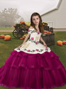 Low Price Fuchsia Little Girl Pageant Dress Party and Military Ball and Wedding Party with Embroidery and Ruffled Layers Straps Sleeveless Lace Up