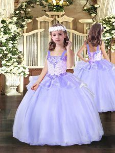 Unique Lavender Little Girl Pageant Dress Party and Wedding Party with Beading Straps Sleeveless Lace Up
