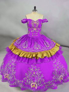 Sleeveless Floor Length Embroidery Lace Up Quinceanera Gown with Purple