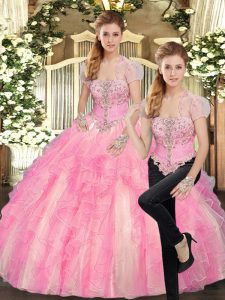 Super Sleeveless Floor Length Beading and Ruffles Lace Up Quinceanera Gown with Baby Pink