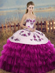 Trendy Sweetheart Sleeveless Quinceanera Gown Floor Length Embroidery and Ruffled Layers and Bowknot Fuchsia Organza
