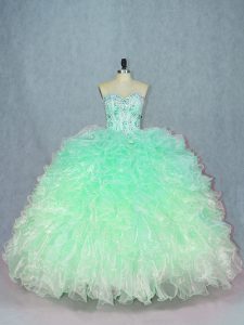 Teal Ball Gowns Sweetheart Sleeveless Organza Floor Length Lace Up Beading and Ruffles Ball Gown Prom Dress