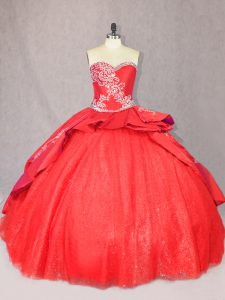 Exceptional Sleeveless Floor Length Embroidery Lace Up Ball Gown Prom Dress with Red Court Train