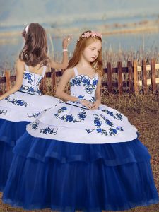 Fashion Blue Ball Gowns Embroidery Child Pageant Dress Lace Up Tulle Sleeveless Floor Length