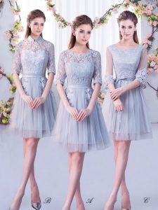 Free and Easy Scoop Half Sleeves Lace Up Quinceanera Court of Honor Dress Grey Tulle