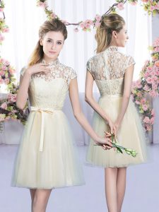 Champagne Cap Sleeves Mini Length Lace and Bowknot Lace Up Vestidos de Damas