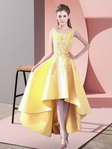 Popular Yellow A-line Satin Scoop Sleeveless Lace High Low Zipper Damas Dress