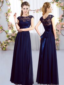 Unique Cap Sleeves Floor Length Lace and Belt Zipper Quinceanera Dama Dress with Navy Blue