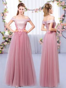 Off The Shoulder Sleeveless Lace Up Vestidos de Damas Pink Tulle