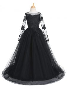 Best Black Tulle Clasp Handle Scoop Long Sleeves Pageant Dress for Girls Brush Train Lace