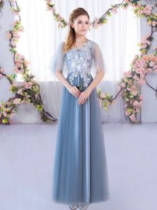 Most Popular Blue Tulle Lace Up Dama Dress for Quinceanera Half Sleeves Floor Length Lace