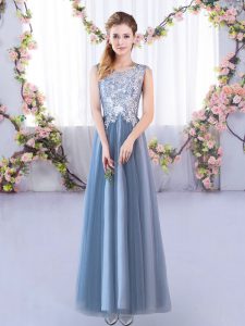 Floor Length A-line Sleeveless Blue Damas Dress Lace Up