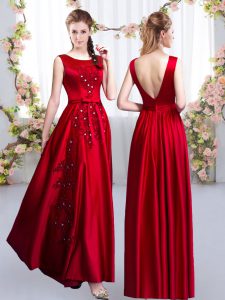 Red Satin Backless Scoop Sleeveless Floor Length Quinceanera Court of Honor Dress Beading and Appliques