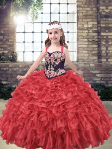 Floor Length Red Girls Pageant Dresses Organza Sleeveless Embroidery and Ruffles