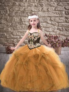 Trendy Gold Sleeveless Tulle Lace Up Little Girls Pageant Dress Wholesale for Party and Wedding Party