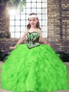 Straps Sleeveless Little Girls Pageant Dress Floor Length Embroidery and Ruffles Tulle