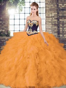 Orange Lace Up Vestidos de Quinceanera Beading and Embroidery Sleeveless Floor Length