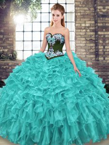 Turquoise Sweetheart Lace Up Embroidery and Ruffles Quinceanera Dress Sweep Train Sleeveless