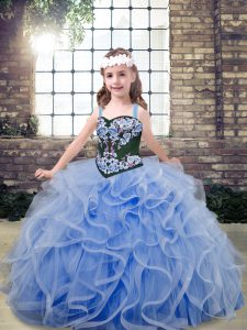 Latest Tulle Straps Sleeveless Lace Up Embroidery and Ruffles Little Girls Pageant Dress Wholesale in Light Blue