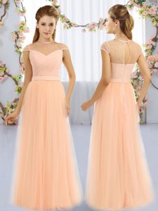 Clearance Peach Zipper High-neck Beading Damas Dress Tulle Cap Sleeves