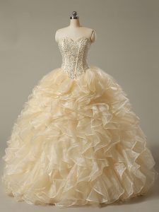 Champagne Lace Up Quince Ball Gowns Beading and Ruffles Sleeveless Floor Length