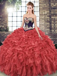 Red Ball Gowns Sweetheart Sleeveless Organza Sweep Train Lace Up Embroidery and Ruffles 15th Birthday Dress
