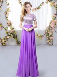 Discount Floor Length Empire Short Sleeves Purple Quinceanera Court of Honor Dress Zipper