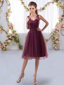 Graceful Knee Length Zipper Damas Dress Burgundy for Prom and Party and Wedding Party with Appliques