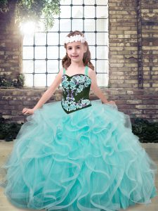 Sleeveless Floor Length Embroidery and Ruffles Lace Up Little Girls Pageant Dress Wholesale with Aqua Blue