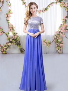 Colorful Scoop Short Sleeves Zipper Quinceanera Court Dresses Lavender Chiffon