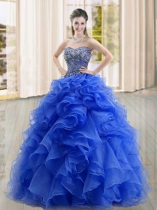 Inexpensive Sweetheart Sleeveless Lace Up Quinceanera Gown Blue Organza