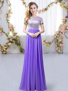 Fantastic Lavender Zipper Scoop Sequins Vestidos de Damas Chiffon Short Sleeves