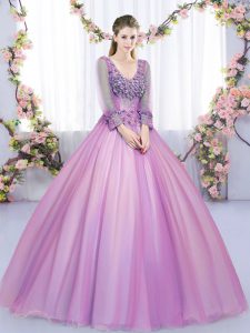 Ball Gowns 15 Quinceanera Dress Lilac V-neck Tulle Long Sleeves Floor Length Lace Up